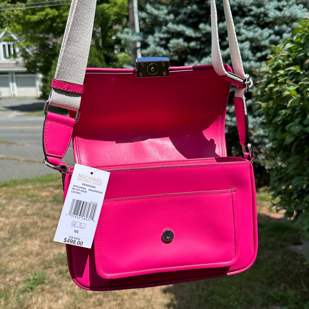 Michael Kors Bradshaw Medium Leather Messenger Bag Dragonfruit Pink NWT - Picture 8 of 13